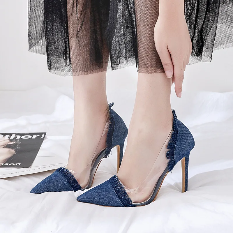Sur Mode De Robe Sexy Dessus apricot on Noce Lady Bout Pointu Tissu Bule Talons dark Le Slip Jeans Pompes D'été Pour Hauts Chaussures Femmes Bule HcWaApa