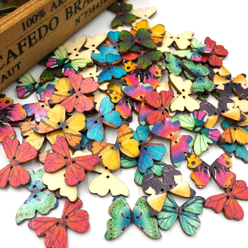 

50PCS Wooden Sewing Buttons Scrapbooking Colorful Butterfly Mixed Random Two Holes Pattern DIY for Child WB43
