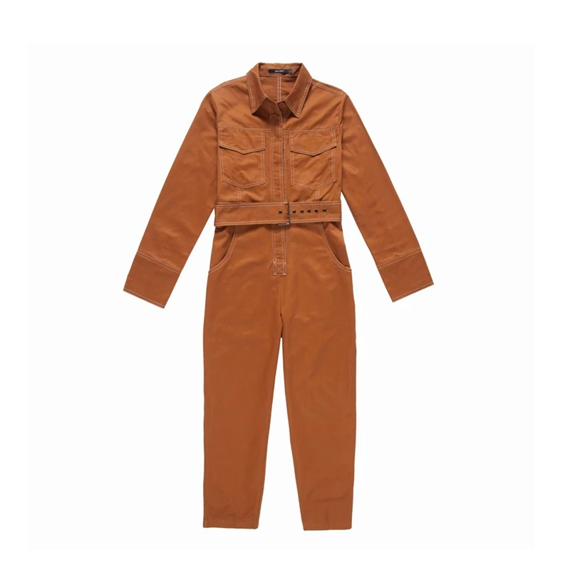 Осенне-зимние женские комбинезоны, повседневный винтажный комбинезон с карманами и поясом, джинсовый комбинезон с длинными рукавами, уличная одежда, Комбинезоны для женщин - Цвет: Brown