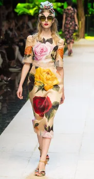 

Flower Print Women Sheath Dress Lace Patchwork Cat Walk Dresses 129A724B1