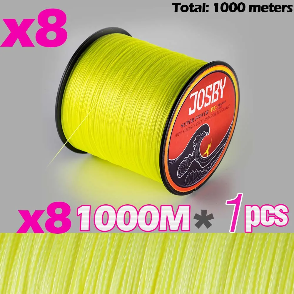 X8-1000M-Yellow-1psc JOSBY, 12 шт., 300 м, 500 м1000м, плетеная леска, многофиламентная, PE, 4 и 8 нитей, рыболовный шнур, 12 лб-80 фунтов, мощная Японская Технология - Цвет: X8-1000M-Yellow-1psc
