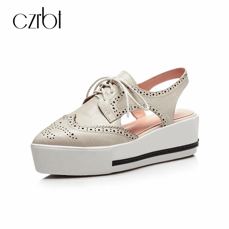 

CZRBT Handmade Sandals Women Genuine Leather Concise Platform Shoes High Platform 5.3cm Female Flat Shoes Lace Up Brogue Shoes