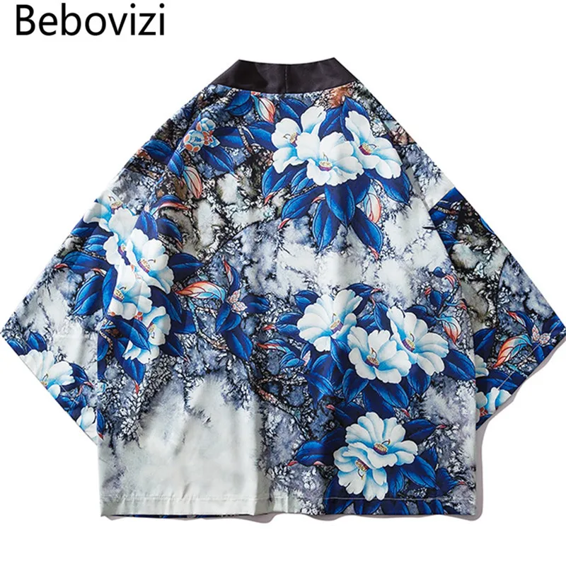 

Bebovizi Japanese Style Flower Full Printed Kimono Jackets 2019 Mens Harajuku Streetwear Japan Jacket Coat Loose Thin Robe