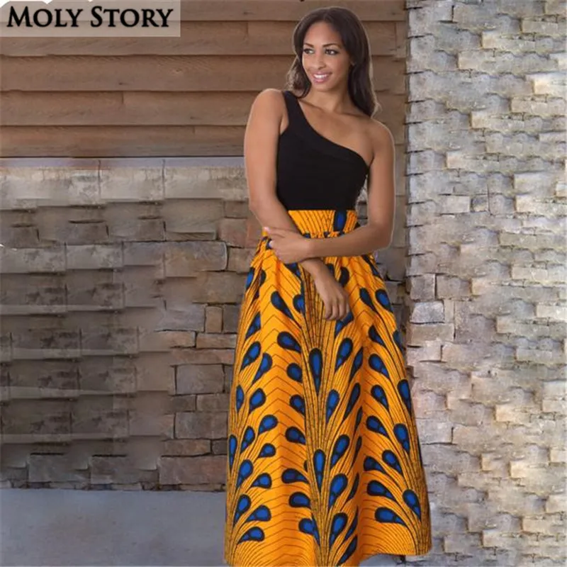 

Elegant Pleated Long Skirt Party Ethnic Peacock Feather Printing High Waist Maxi Skirts Jupe Longue Femme