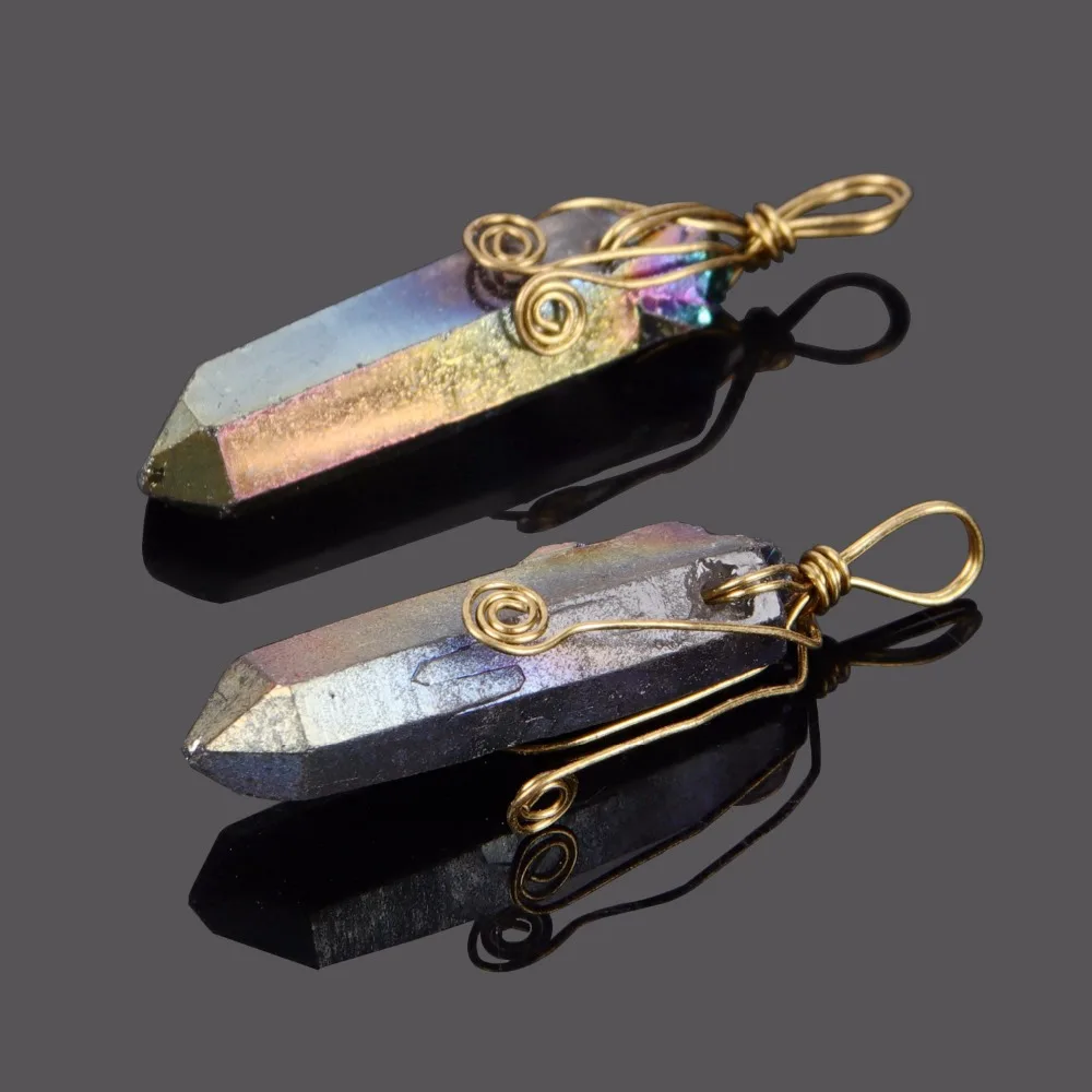 

Women Jewelry Gold Color Handmade Wire Wrap Flower Original Quartz Stone Rainbow Metallic Plating Natural Quartz Stone Pendants