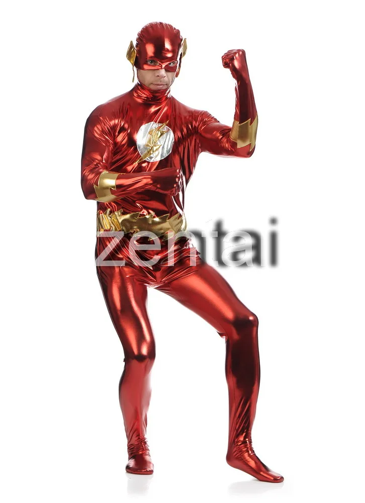 DHL, Модный Блестящий металлический красный костюм Zentai Flash Hero для, костюм на Хэллоуин из лайкры Flash Man LZ112207