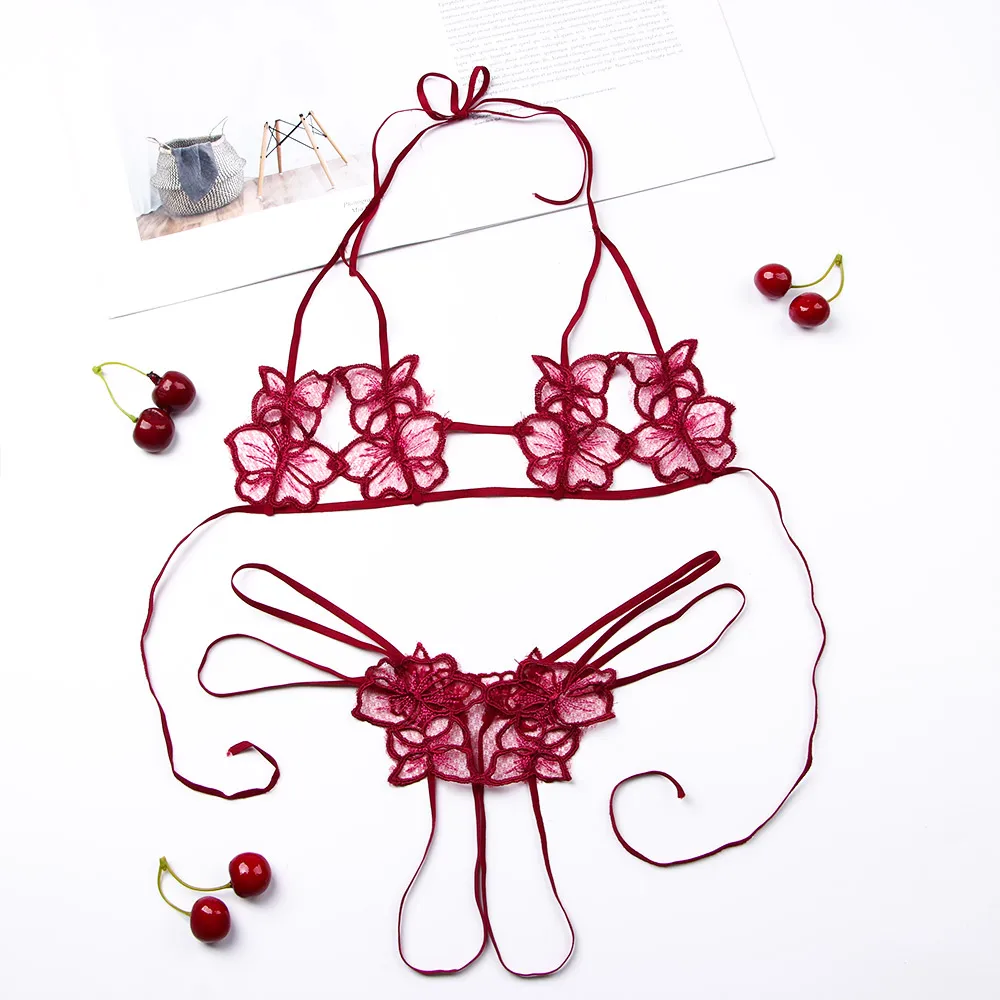 

Sexy Women Lingerie Bra Set Lace Embroidery Flower Unpadded Bra Sets Sexy Bra With G-string Open Cup Crotch Ultra-thin Bra Set