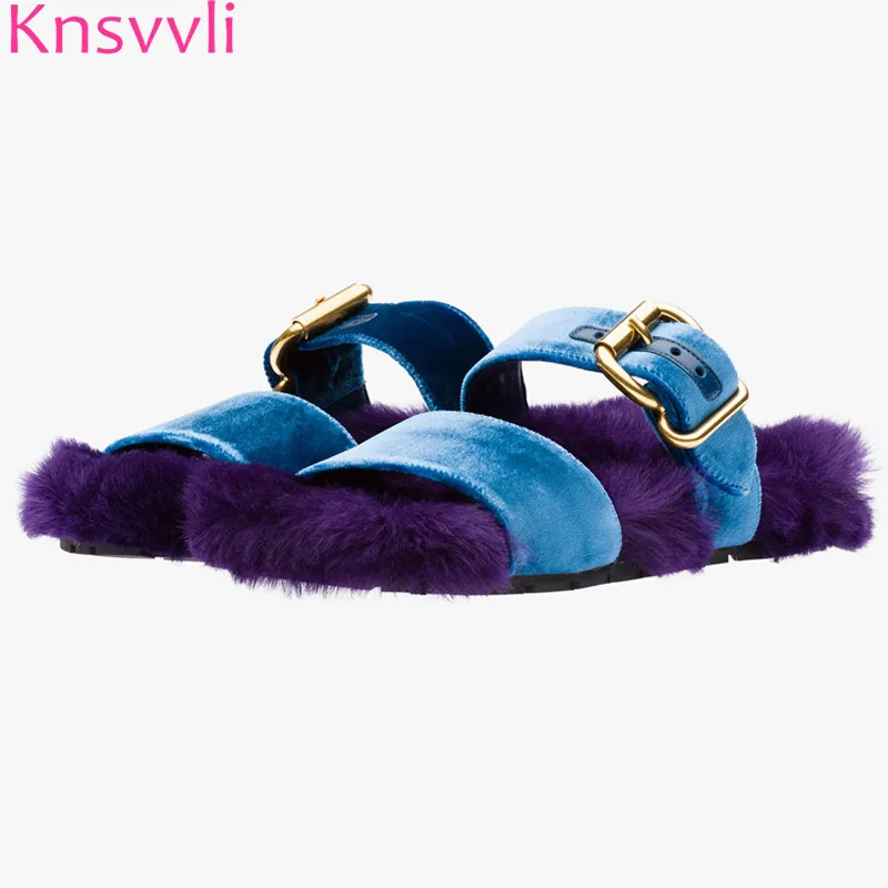 

Knsvvli Autumm Plush Flat Women Slippers A word band Peep Toe Outdoor Fashion Ladies Shoes Velvet Faux Fur Mules Shoes Women