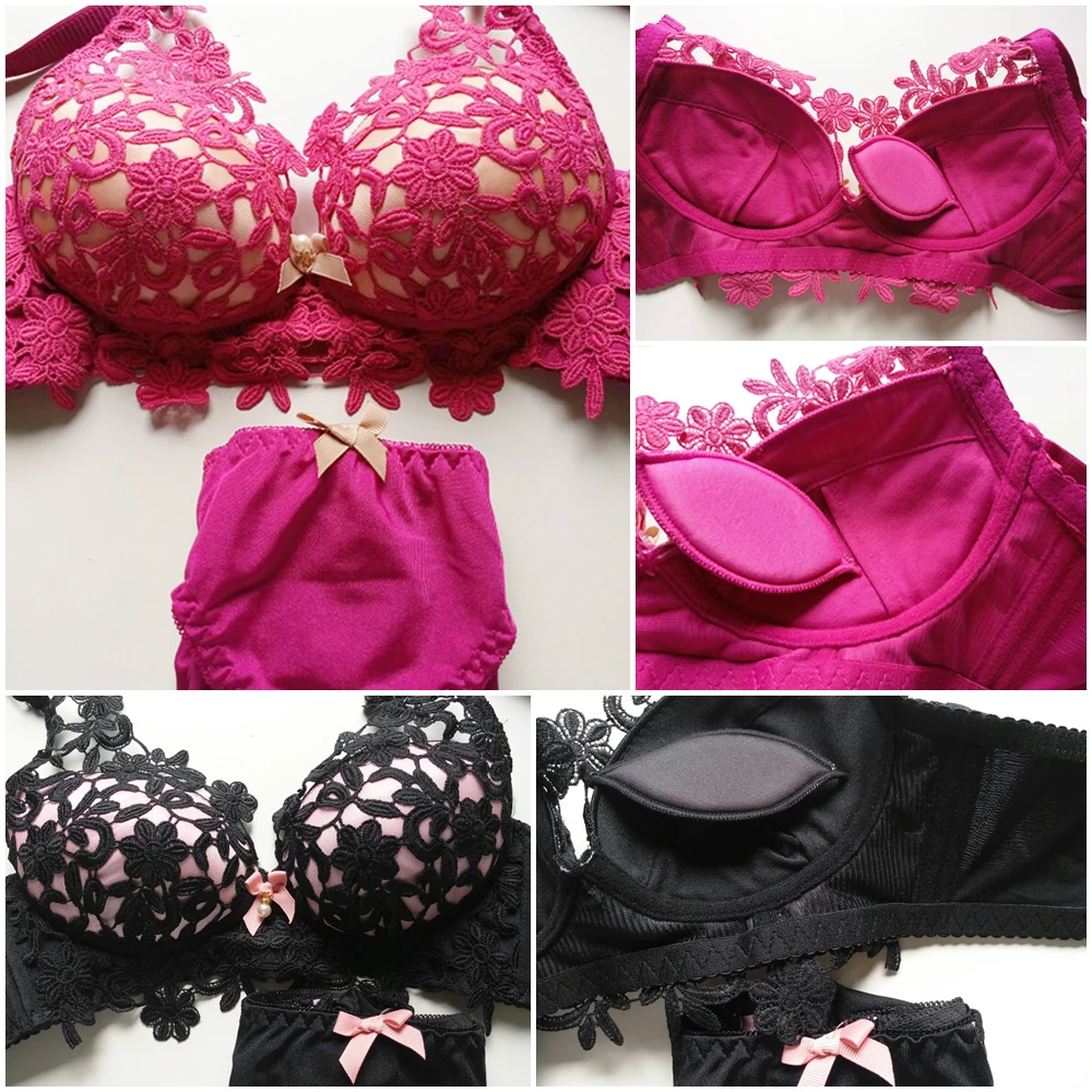 DeRuiLaDy Elegant Floral Hook Women Bra Set Padded Underwear Women Flower Embroidery Bra&Panties Set Push Up Bra Set Lingerie