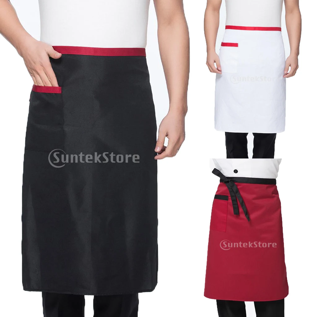 Men’s Women’s Blank Polyester Half Body Apron Washable Pocket Butcher Waiter Chef Kitchen Cooking Apron