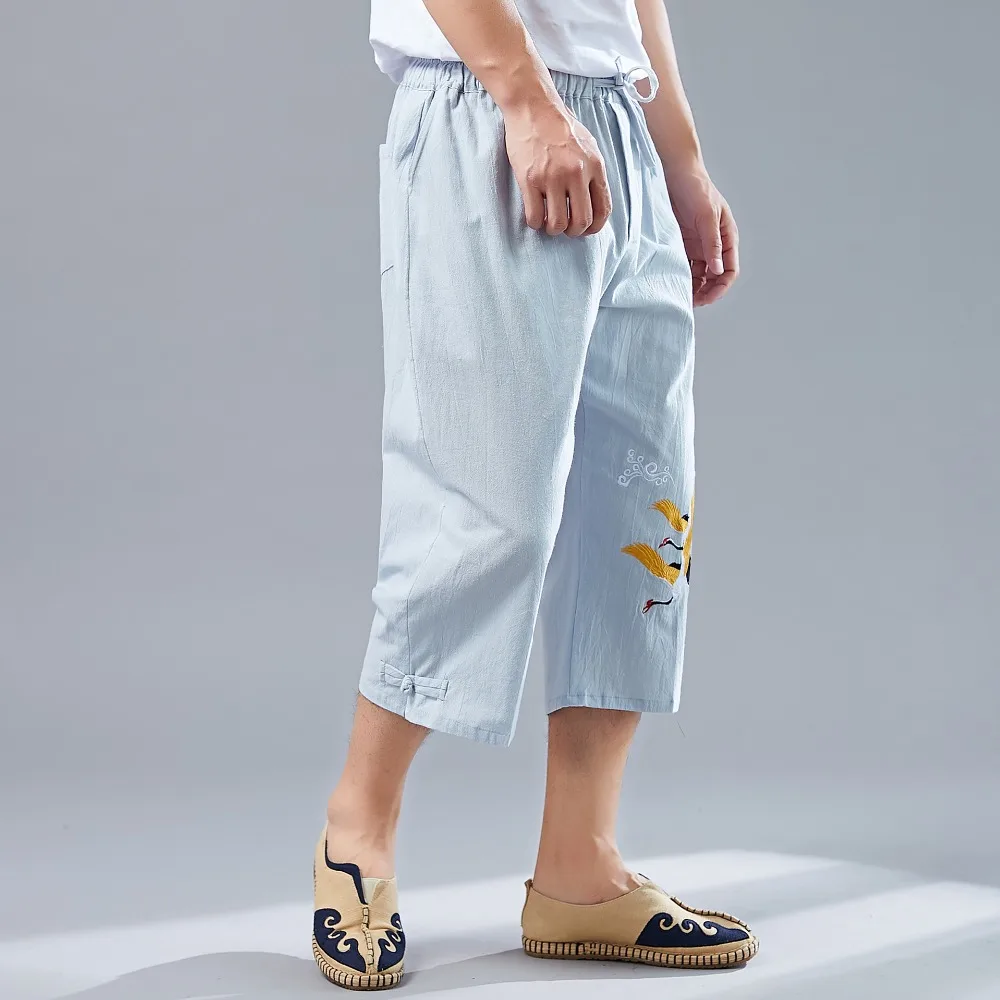 LZJN Men’s Summer 34 Pants Casual Cotton Linen Elastic Waistband Wide Leg Capri Short Bermuda Embroidery Beach Playa Hombre (34)