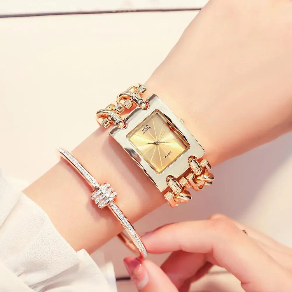 GLE& VDO Женские Кварцевые аналоговые наручные часы Роскошный прямоугольный Чехол-браслет(без цепочки - Цвет: all Gold