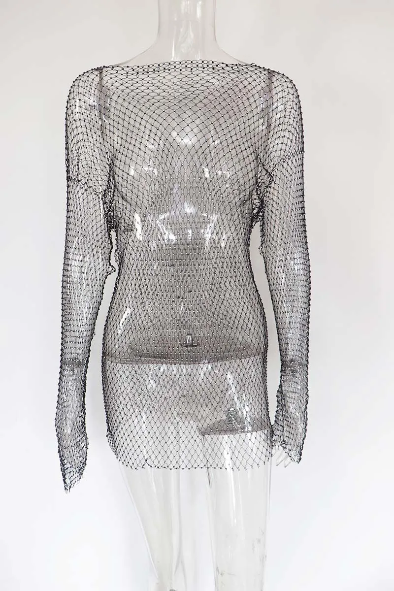 Beyprern, роскошное прозрачное Сетчатое платье со стразами, эластичное, с выемкой, с кристаллами, облегающее платье для вечеринок, женское, бохо, Сетчатое, Пляжное Платье