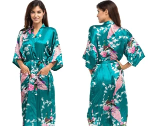 Удлинить ночная рубашка павлиньей расцветки Для женщин халат кимоно Свадебный халат ночная рубашка шелковый атлас Плюс Размеры S-XXXL WR0042015 - Цвет: dark green