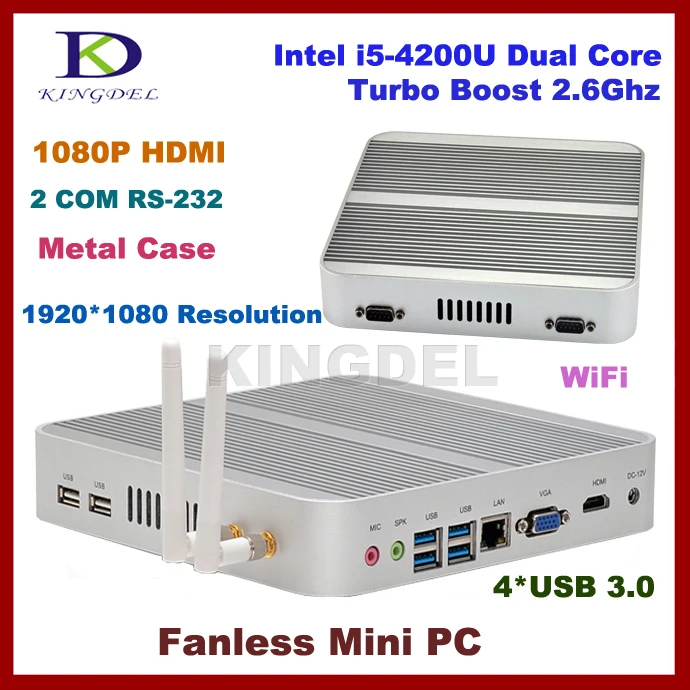 4GB RAM+128G SSD fanless i5 4200u desktop mini pc,Intel HD 4400 Graphics,2*COM RS232,4*USB 3.0, HDMI,4K HD HTPC,micro computer