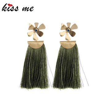 

Kiss Me Long Dark Color Cotton Thread Tassel Drop Earring For Women Gift Crystal Alloy Flower Dangle Earring Fashion Accessories