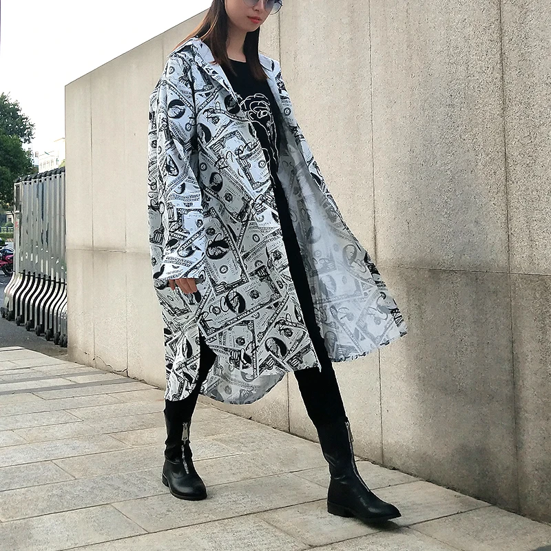 

WKOUD EAM 2019 autumn korean fashion newspaper dresses turn-down collar long sleeve printing loose big size women dress QC87601