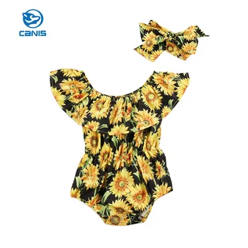 

2Pcs Newborn Infant Baby Girls Yellow Flower Short Ruffle Sleeve Romper Jumpsuit Headband Clothes Summer Baby Costume 0-24M