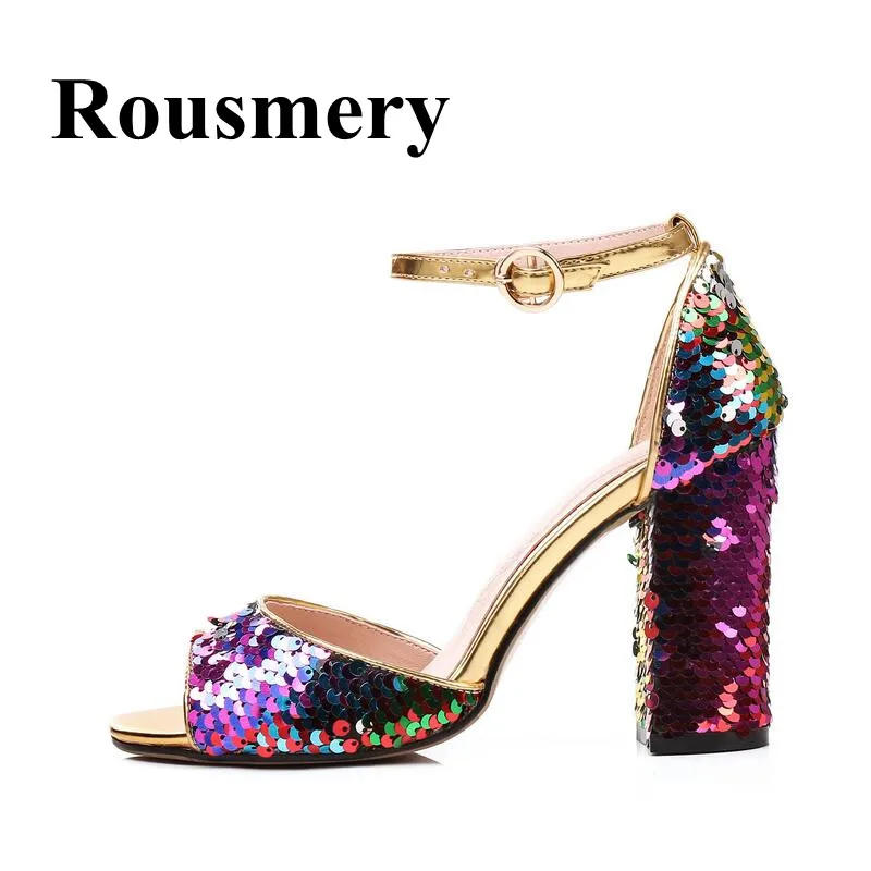 

2018 Summer Bling Bling Fashion Newest Open Toe Cover Heel Buckle Strap Square Heel High Heel Party Shoes Women Sandals