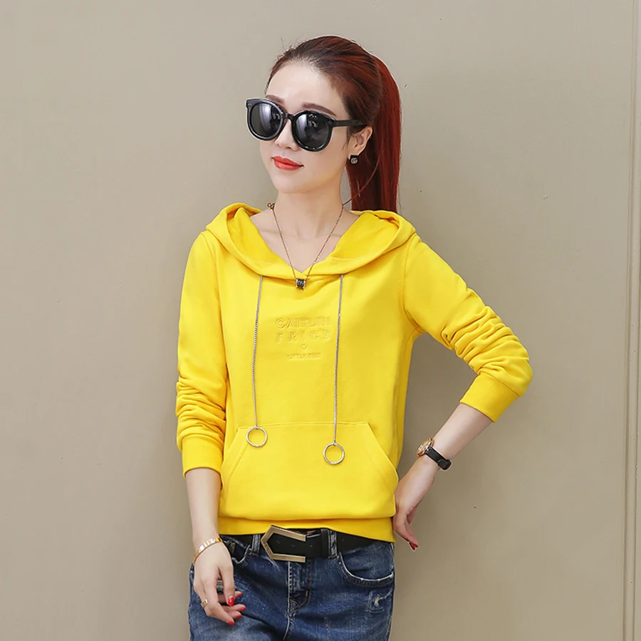 Yellow Hoodies Women Sweatshirt Cotton Long Sleeve Cropped Hoodie Women