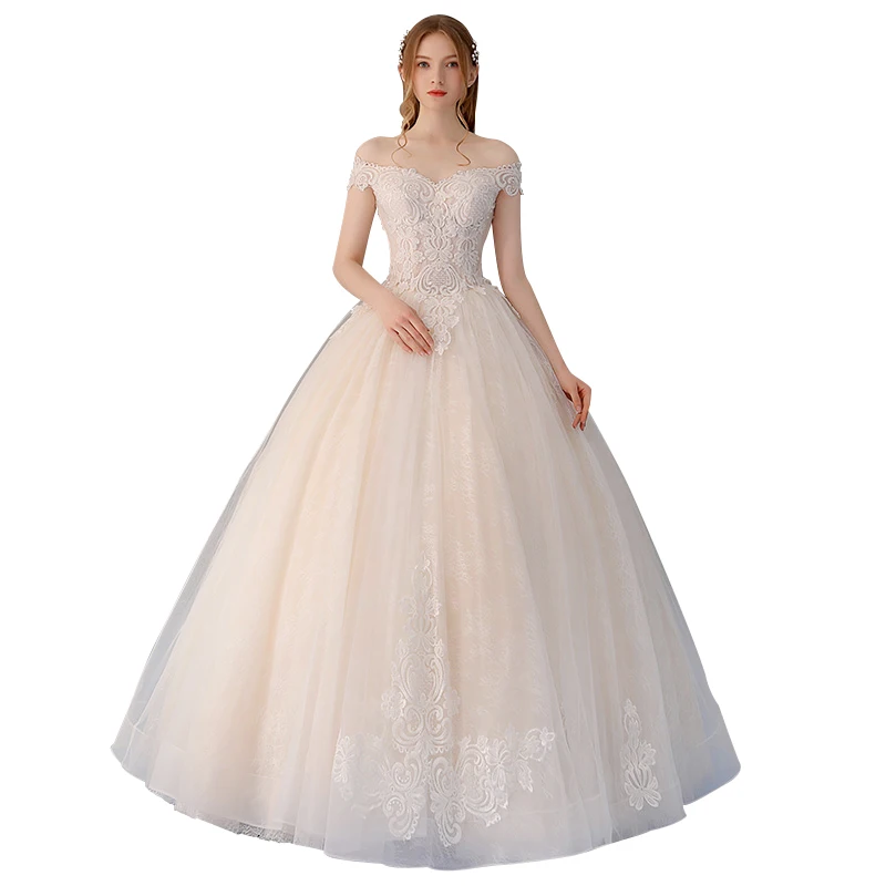 off the shoulder champagne gown