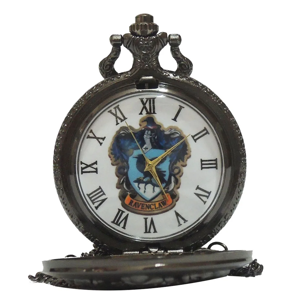 Винтажные кварцевые карманные часы Гарри Поттера Хогвартса колледжа Ravenclaw, аналоговое ожерелье с подвеской, Мужские Женские часы, цепь Reloj - Цвет: Black Color Dial