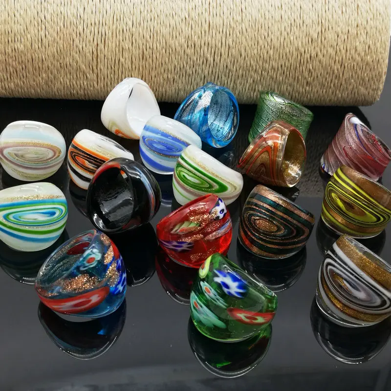 

17 PCS randomly mixed with coloured glaze rings Murano hot gold foil color ring more 17-19 mm