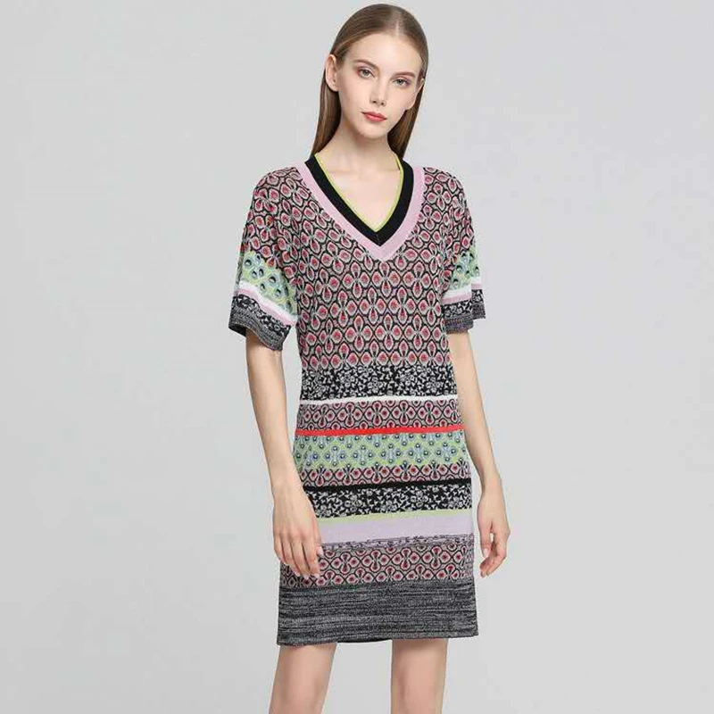 

Tunjuefs Elegant Geometric Jacquard Lurex Knitted Dress Women Robe Color Block Striped Vestido Summer Runway Pullovers Lolita