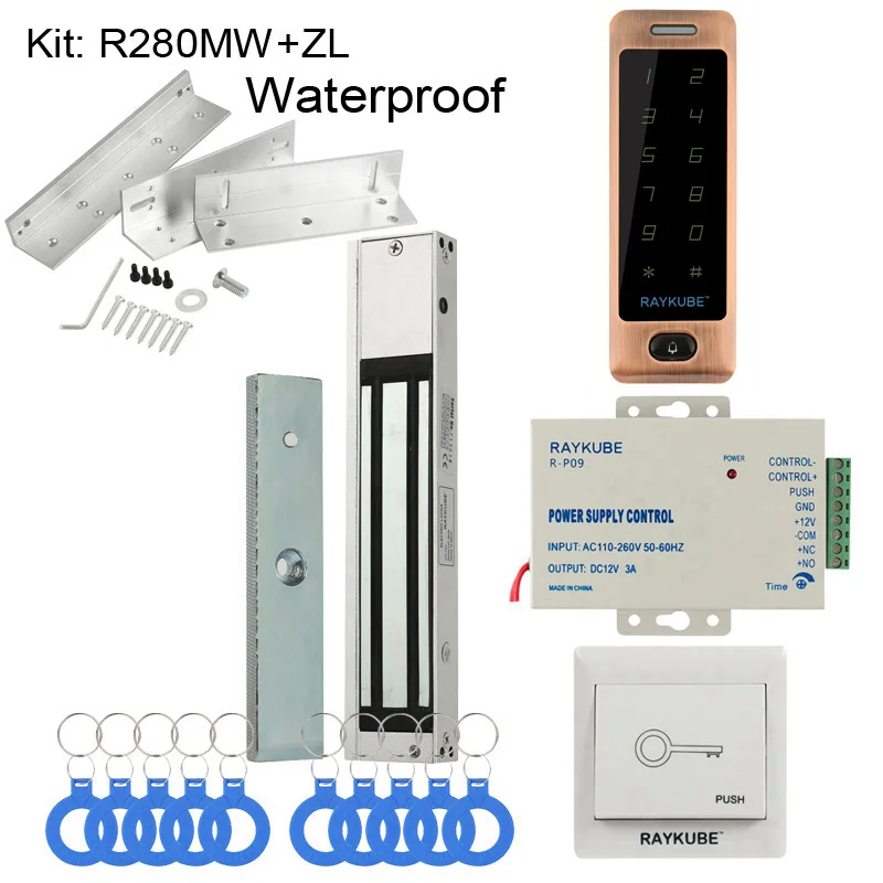 RAYKUBE DIY система контроля доступа набор с RFID сенсорной клавиатурой+ Электронные дверные замки+ кнопка выхода+ блок питания+ RFID ключи - Цвет: 280MWZL