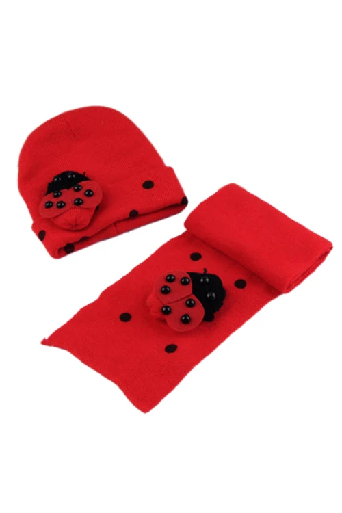 Новинка, Красный зимний комплект для маленьких мальчиков и девочек, шапка с божьей коровкой и шарфом