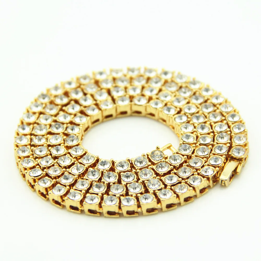 

Hip Hop Gold Chain 1 Row 6mm Round Cut Tennis Necklace Chain 24 inch Length Mens Punk Iced Out Rhinestone Chain Necklace