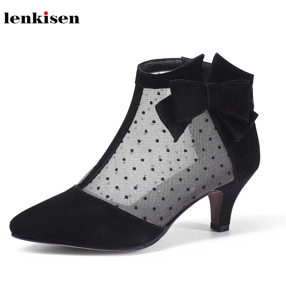 

Lenkisen 2018 air mesh dot pattern pointed toe fashion women pumps simple streetwear med heels big bowtie cozy summer boots L3f6
