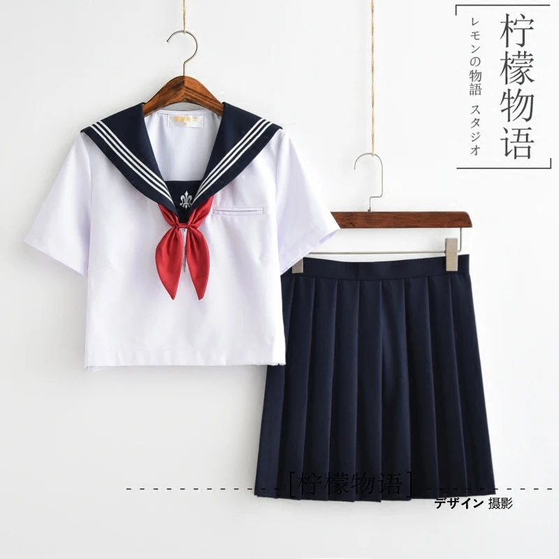 

Japanese JK T-shirt Skirt School Cosplay Kansai Collar Three White Line Uniform embroidered Sailor Suits (Socks as gift) S-XXXL