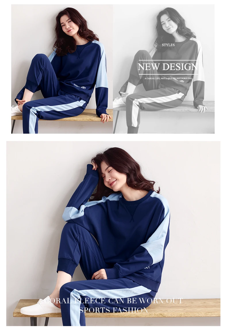 Women's sports pajamas autumn cotton long-sleeved home service size ladies suit loose tops plus elastic pants two sets of women's pajamas (18)