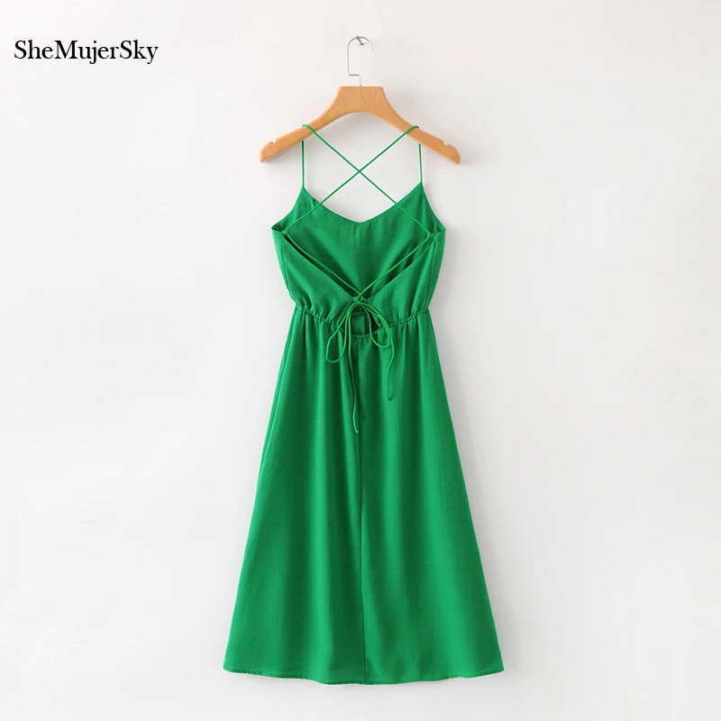 SheMujerSky женское зеленое миди летнее платье Спагетти ремень Bodycon бандажные платья с открытой спиной vestidos largos de verano casual