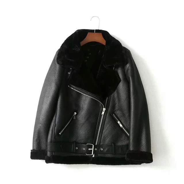 

2018 Autumn Fashion Women Sashes Pu Leather Jacket Turn-Down Collar Casual Zipper Warm Jacket Imitation Fur Pu Coat Outwear