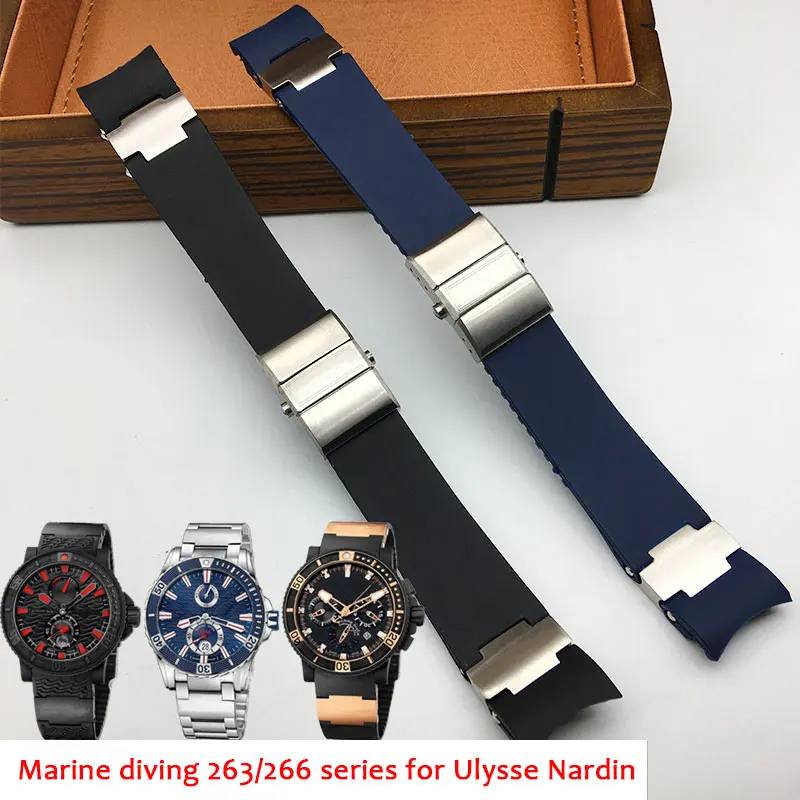 

22mm Rubber Watch Belt Arc Interface Ulysse Nardin Diving 263 Series Men's Watch Belt Silicone Black Blue Plane