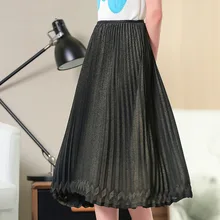 Женские Летние черные плиссированные юбки, женская простая однотонная трапециевидная Длинная Юбка До Колена, летняя XL-01