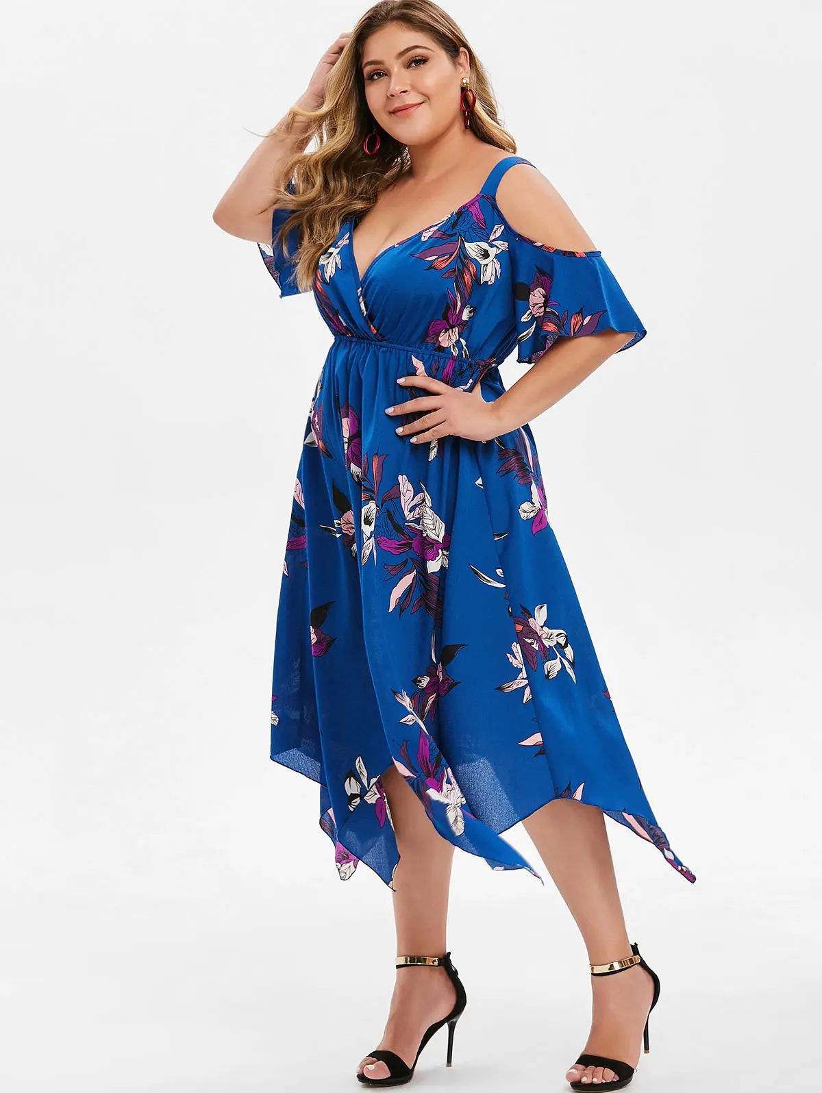 

Wipalo Plus Size Short Sleeves Summer Boho Beach Dress Cold Shoulder Handkerchief Dress Floral Print Women Dress Vestidos Femme