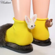 UNIKIWI. Kawaii Женская мультфильм кролик Носки с рисунком медведя. Повседневное желтый цвет фетр шары лодыжки носки для девочек милые животные Sox Hosen