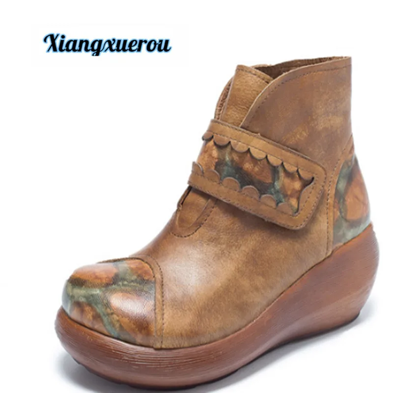

Xiangxuerou New magic tape head layer cowhide waterproof platform ethnic style leather women's short boots for autumn and winte