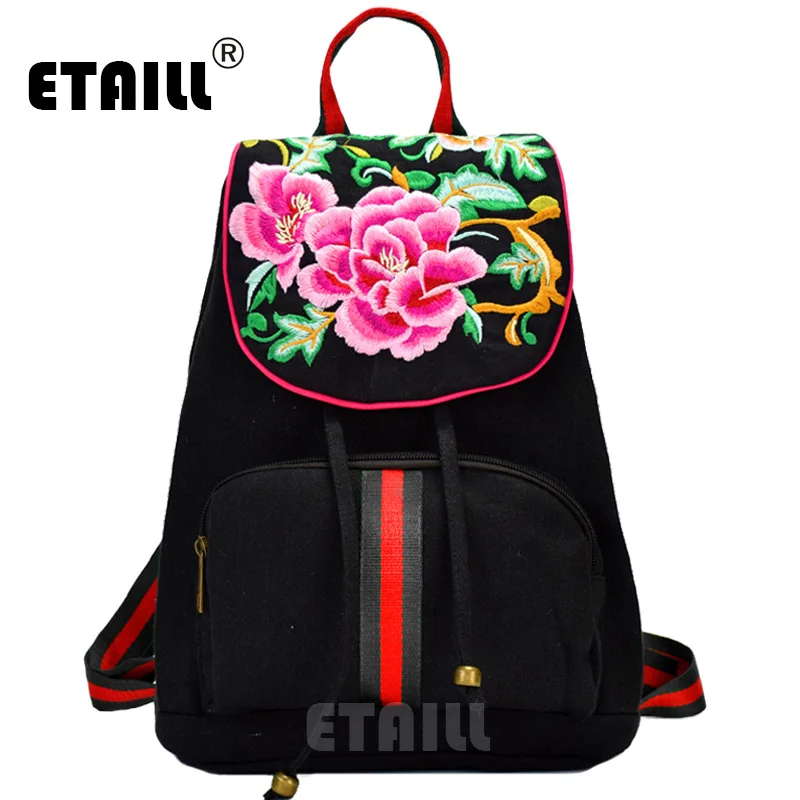 

ETAILL Fashion Women Floral Embroidered Backpack For Teenagers Girls SchoolBag High Quality Canvas Back Pack Mochila Feminina