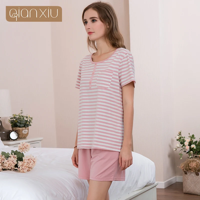 

2018 Qianxiu summer women's pajamas stripes sexy home clothes 1865