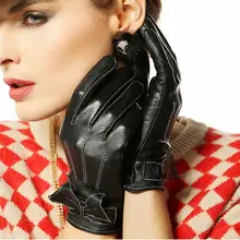 Одежда высшего качества из замши кожаные перчатки с перчатка с бантом модные черные \ коричневый красный 1 пара/лот