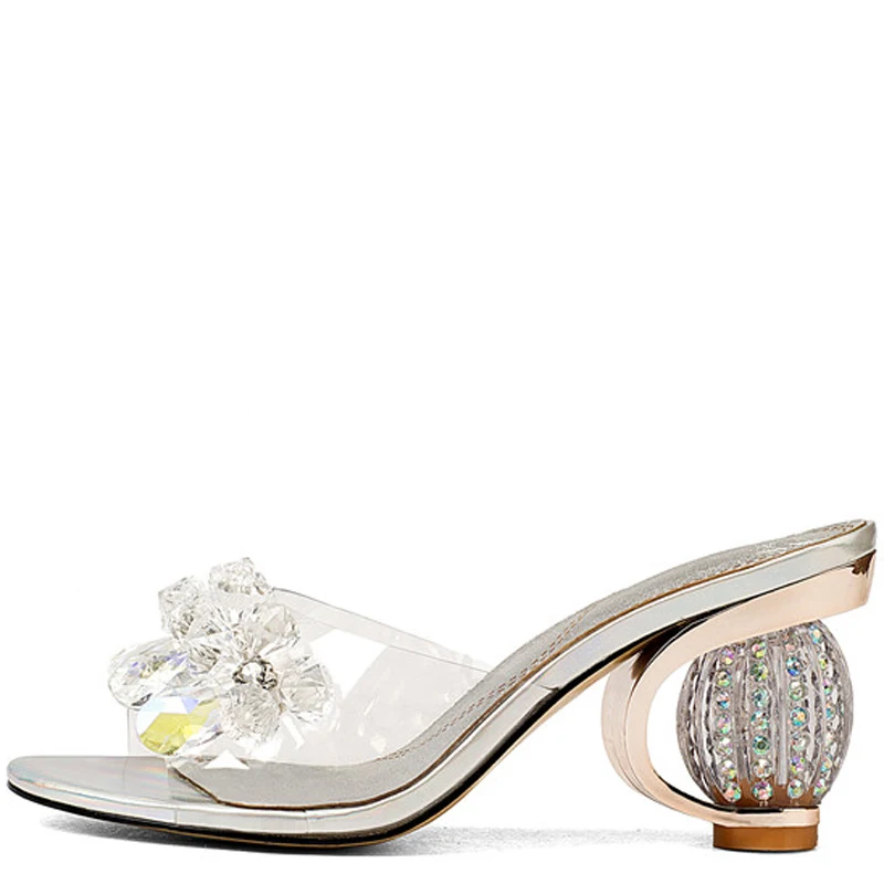 

YECHNE Women's Transparent Slides New Summer Silvery High Heels Shoes Sandbeach Open Toe Hollow Silvery Crystal Slides