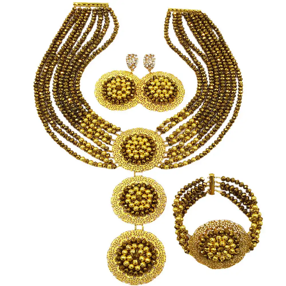 

Golden Brown Nigerian Jewelry Set Crystal African Beads Multistrands Necklace Wedding Jewelry Sets 8C-3PH007