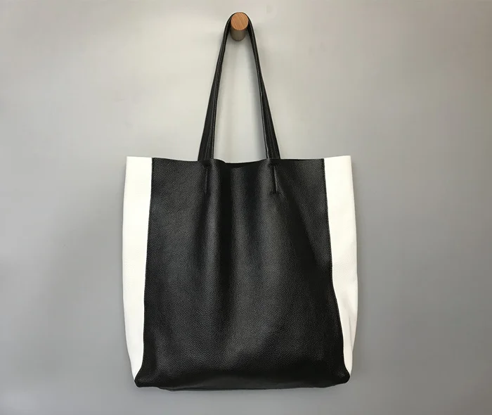 

Genuine Leather Women Handbags Black and White Lady Tote Bag Large Capacity Soft Natural Cowhide Shoulder Bag for Women