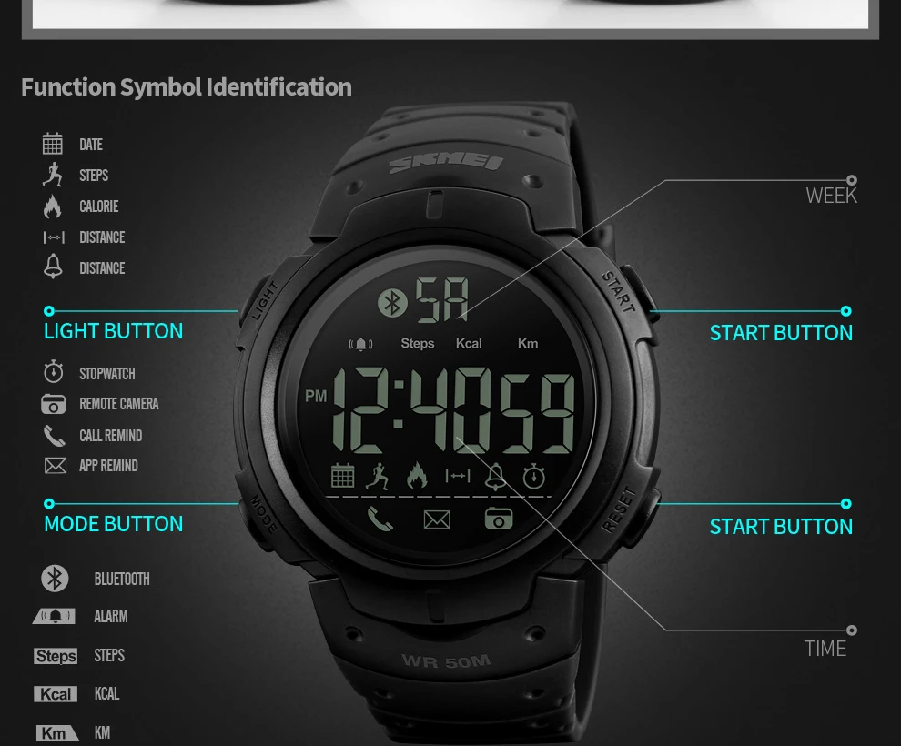 Bluetooth часы с шагомером и счетчиком калорий SKMEI 1301 для мужчин светодиодный водонепроницаемый ударопрочный часы многофункциональные электронные цифровые часы
