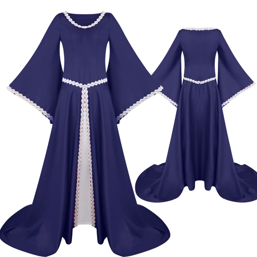 Для женщин О-образным вырезом Ретро средневековый костюм труба рукава Фур Длина платье с длинными рукавами Косплэй взрослых Для женщин