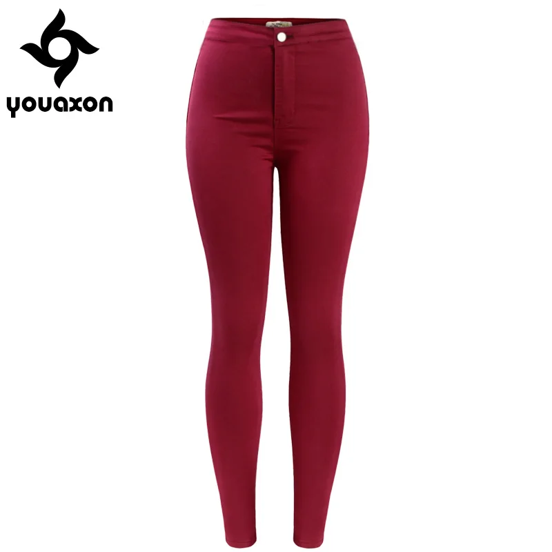 2038 Youaxon женские высокие уличные красные узкие джинсы с высокой талией, джинсы для женщин - Цвет: red wine